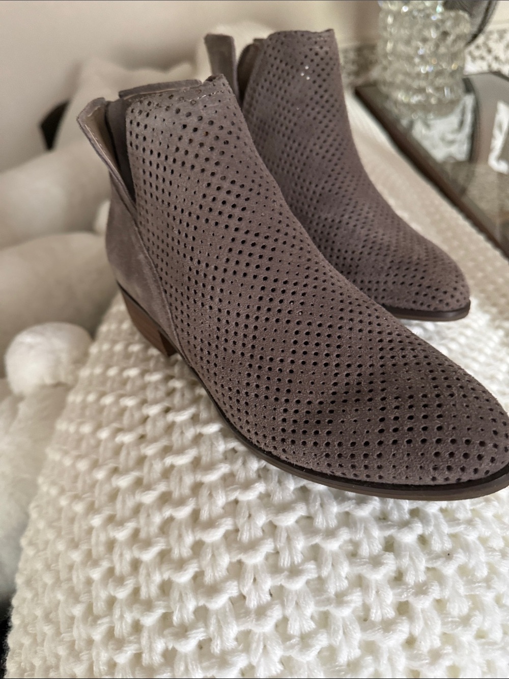 Crown Vintage Perforated Suede Ankle Boot - Taupe booties
